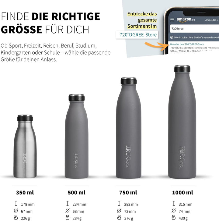 720°DGREE Edelstahl Trinkflasche “milkyBottle” - 750ml - BPA-Frei, Auslaufsicher, Kohlensäure geeign