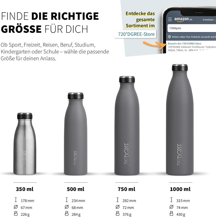 720°DGREE Edelstahl Trinkflasche “milkyBottle” - 1L - BPA-Frei, Auslaufsicher, Kohlensäure geeignet