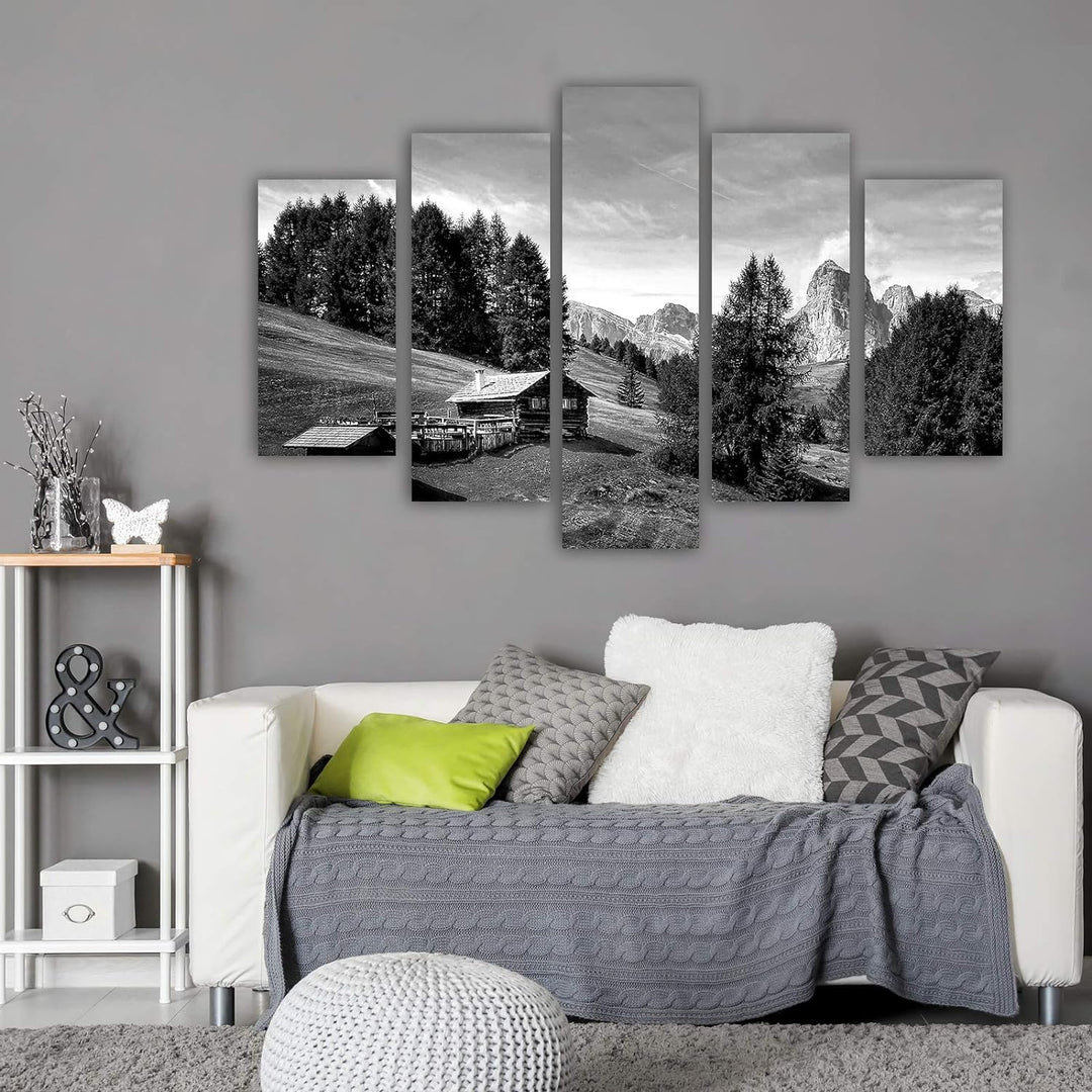 Feeby Wandbild Berge 250x120 cm Deco Panel 5 Teilig XXL Kunstdruck Hütte Bäume grau Deco panel XXL 2