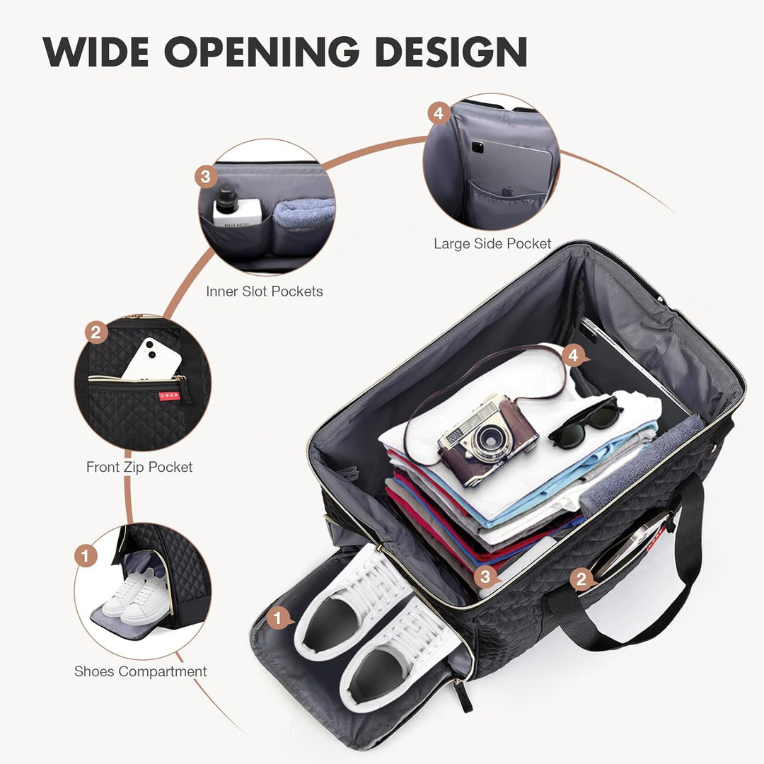 Lekesky Mittelgross Reisetasche Weekender Damen mit Schuhfach, Grosses Öffnungsdesign, 43L Reisetasc