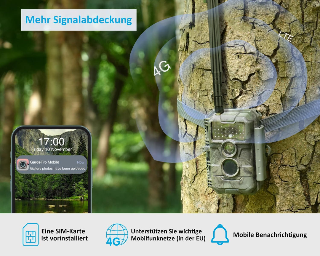 GardePro X20 4G LTE Wildkamera mit SIM-Karte und App, 48MP 1296P H.265 Video, No Glow Nachtsicht Bew