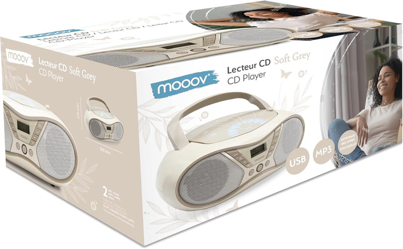 MOOOV Soft Grey, tragbarer CD-Player, Wiedergabe von CD-R/CD-RW/CD-MP3, UKW-Radio, USB-Port, Stereok