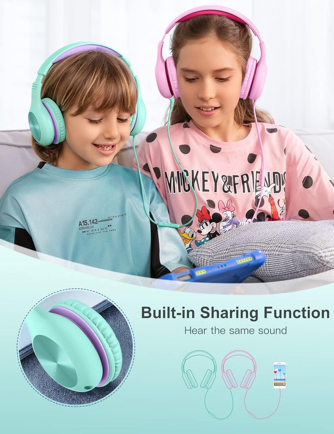 Kopfhörer Kinder, Kinder Kopfhörer mit Kabel, 85/94dB Lautstärkegrenze, HD-Stereoton, Sharing-Funkti