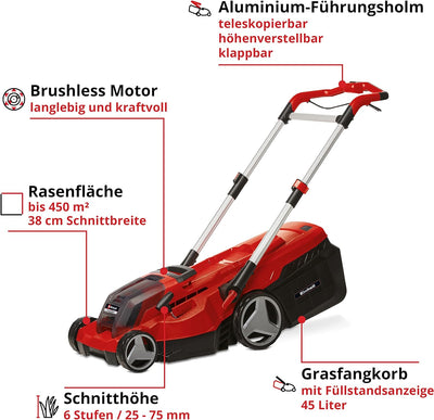 Einhell Akku-Rasenmäher RASARRO 36/38 Kit Power X-Change (36 V, 38 cm Schnittbreite, 450 m², Brushle