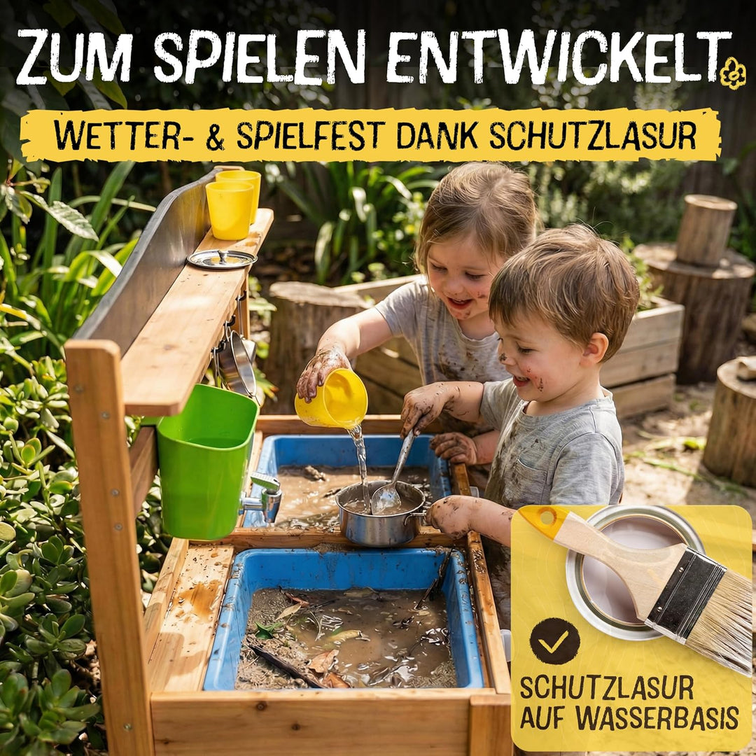 FRIEDO Matschküche Kinder Outdoor mit Schutzlasur I Inkl. Ofen und Zubehör wie 1,2 L Wasserspender,