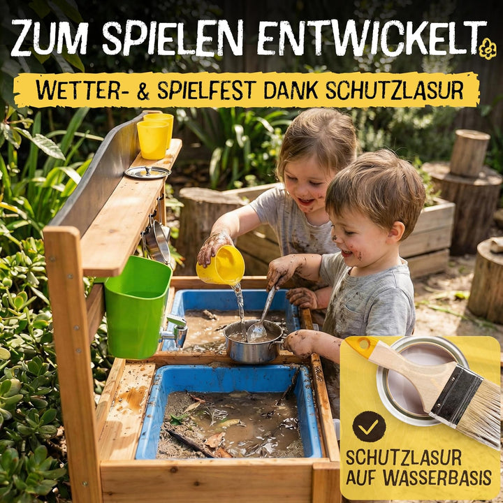 FRIEDO Matschküche Kinder Outdoor mit Schutzlasur I Inkl. Ofen und Zubehör wie 1,2 L Wasserspender,