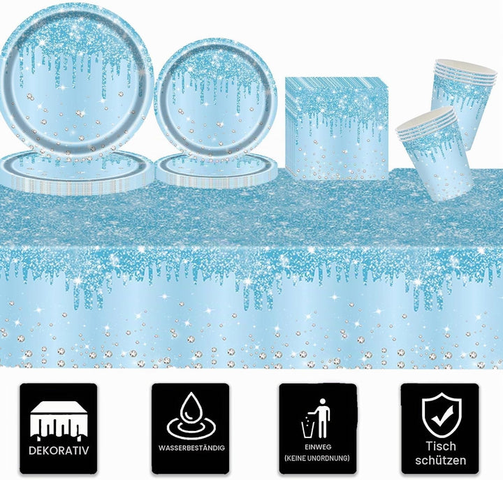 Hellblau Partygeschirr,81 Stück Baby Blau Diamant Pappteller Set Pappteller, Pappbecher,Servietten u