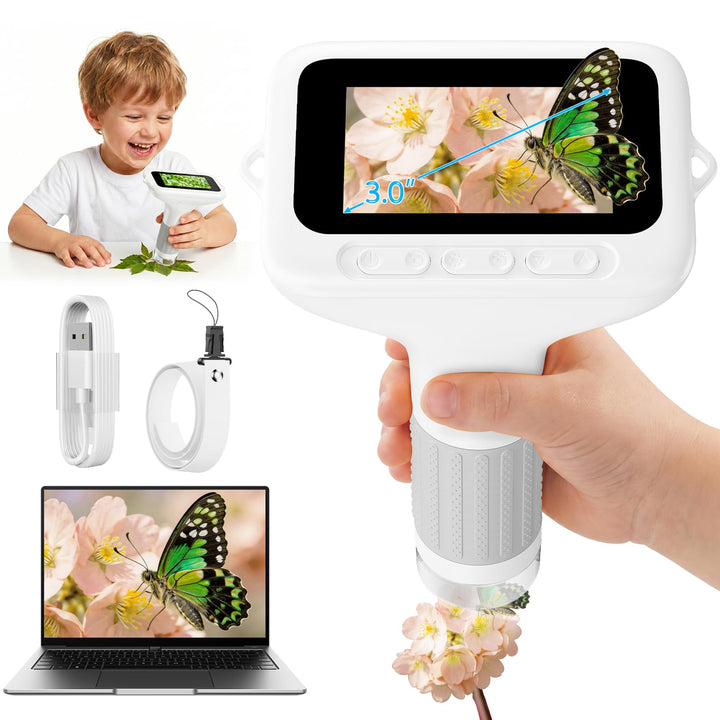 Digitales Mikroskop Kinder 1000x, 3,0-Zoll-Handmikroskop (Weiss) | Tragbares Kindermikroskop mit 8 L