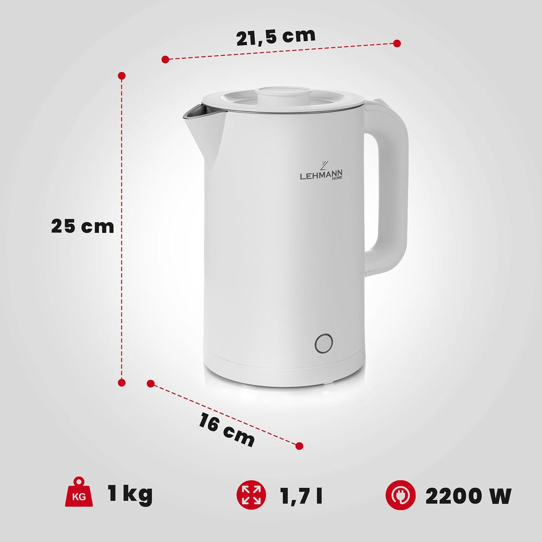 LEHMANN Elektrischer Wasserkocher Edelstahl 1,7L, 2200W, Schnelles Aufheizen, Doppelwand Design, 360