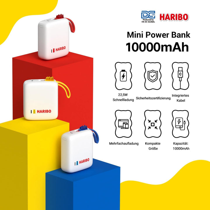 HARIBO Mini Powerbank 10000mAh, 22,5W Schnellladung Integriertes Kabel | Kompakte Grösse: 2,4 * 5,5