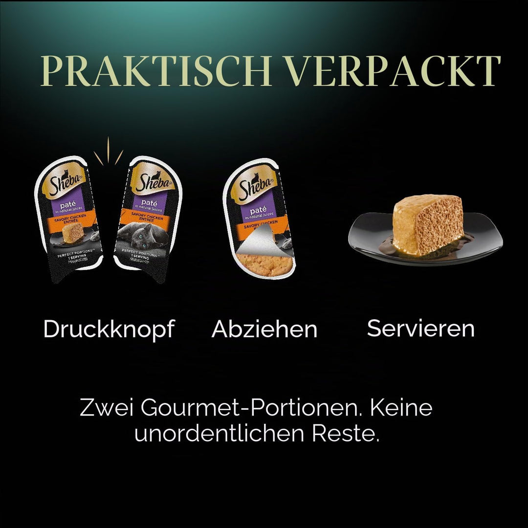 Sheba Perfect PORTIONS Paté Katzenfutter Nassfutter Tabletts (12 Stück, 24 Portionen), Huhn und Lach