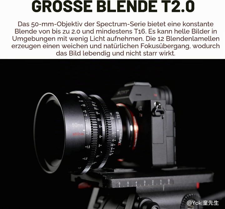 7artisans 50 mm T2.0 Grosse Blende, Vollrahmen-Cine-Objektiv, manueller Fokus, geringe Verzerrung, s