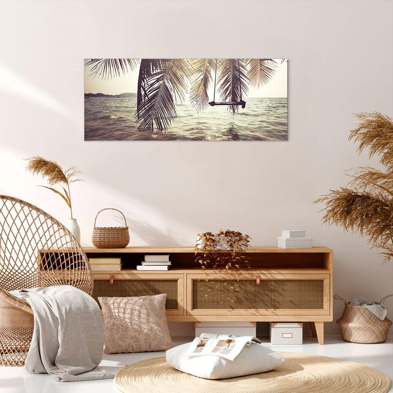 Wandbilder Dekoration Wohnzimmer Meer Palme Wasser Panorama Bilder auf Leinwand 120x50cm Leinwandbil