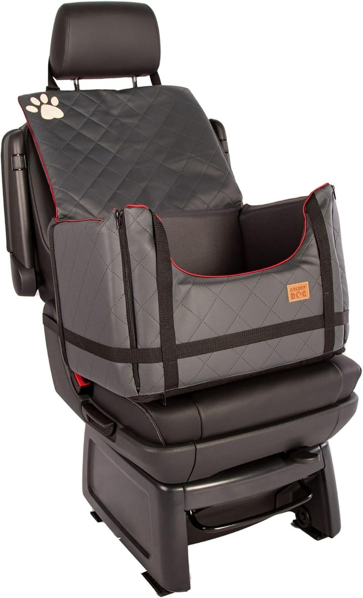 Golden Dog - Transportbox Hund mit Sicherheitsgurt S-45x35x33 cm - Leder Imitation Autositz Hund, Wa