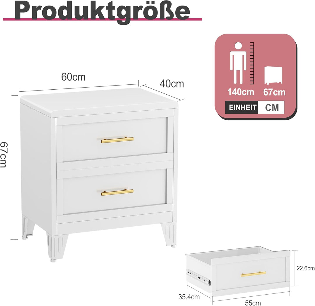 Metallkomoden mit 2 Schubladen, hohe Breite Tiefe Komode Schrank, weisser Aufbewahrungsschrank mit S