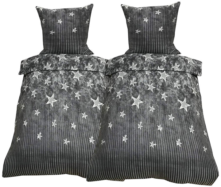 Leonado Vicenti Fleece Bettwäsche 155x220 cm 4 TLG Galaxy Sterne Anthrazit Grau Gestreift Warme Wint