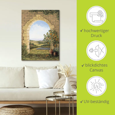 Artland Leinwandbild Wandbild Bild auf Leinwand 60x80 cm Wanddeko Fensterblick Toskana Landschaft It