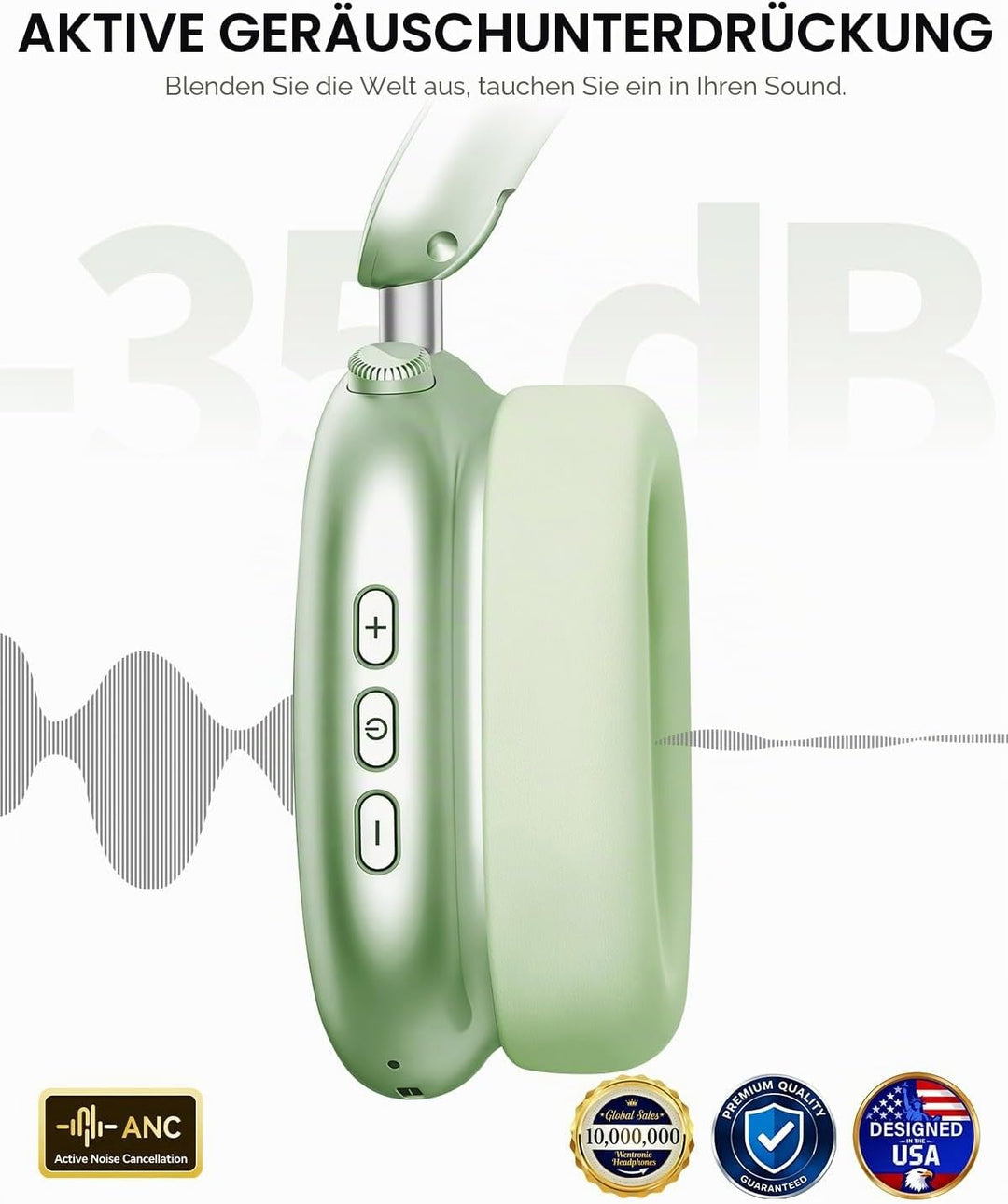 Wentronic Y02 Aktive Noise Cancelling Kopfhörer,60 Std.5 EQ-Musikmodi,Hi-Res-Audio,Tiefe Bässe,faltb