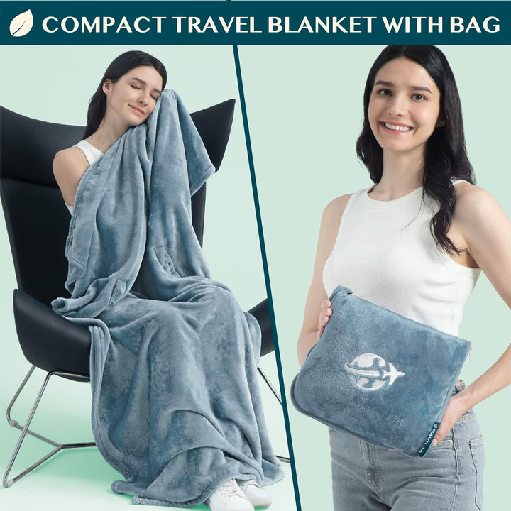 PAVILIA Reisedecke und Kissen-Set, Flugzeugdecke, kompakt, 2-in-1, weiche Tasche, Reisezubehör für E
