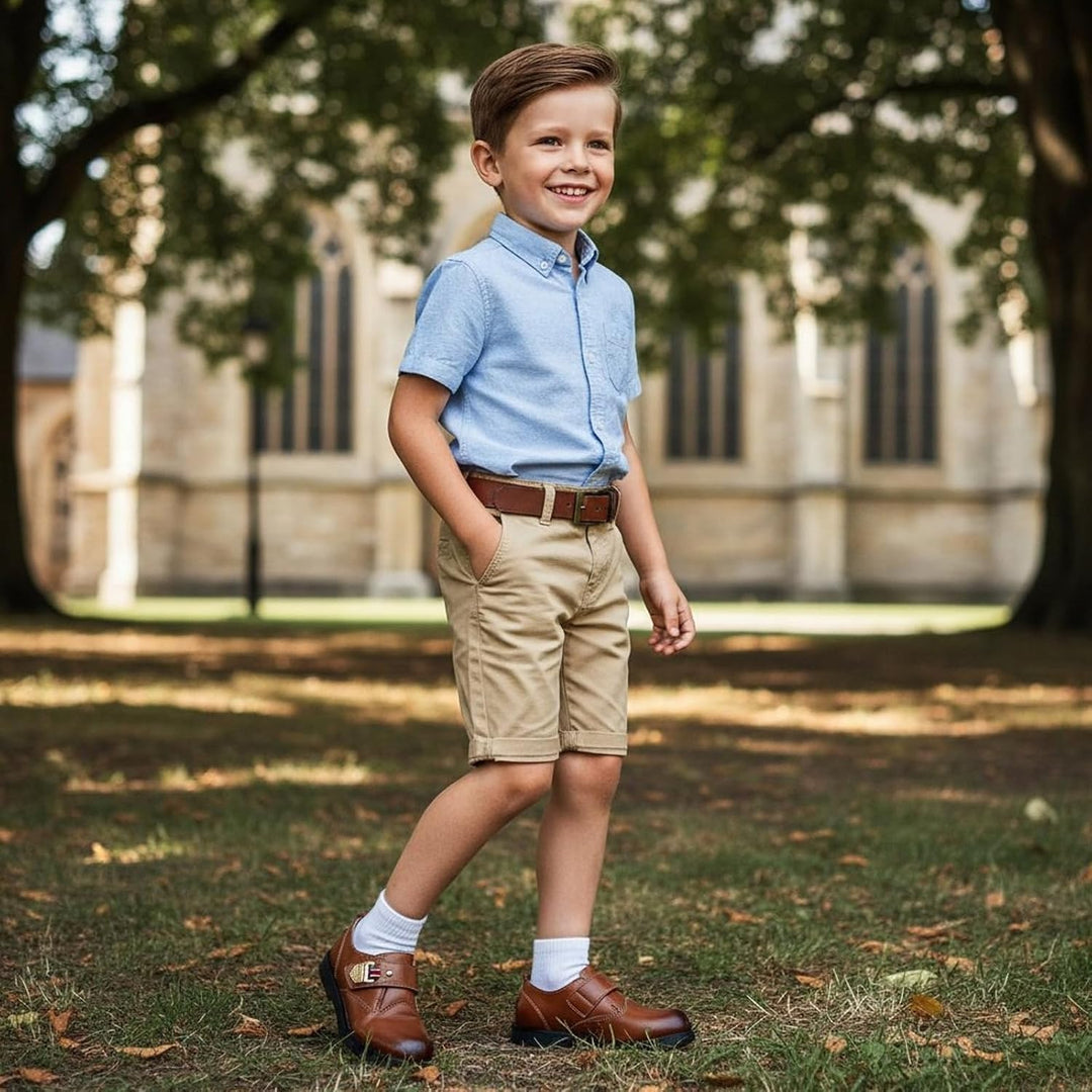 DADAWEN Anzugschuhe für Kinder Jungen Klettverschluss Halbschuhe Schule Uniformschuhe 29 EU Braun, 2