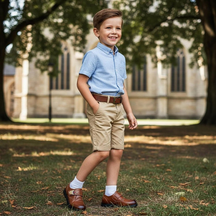 DADAWEN Anzugschuhe für Kinder Jungen Klettverschluss Halbschuhe Schule Uniformschuhe 29 EU Braun, 2