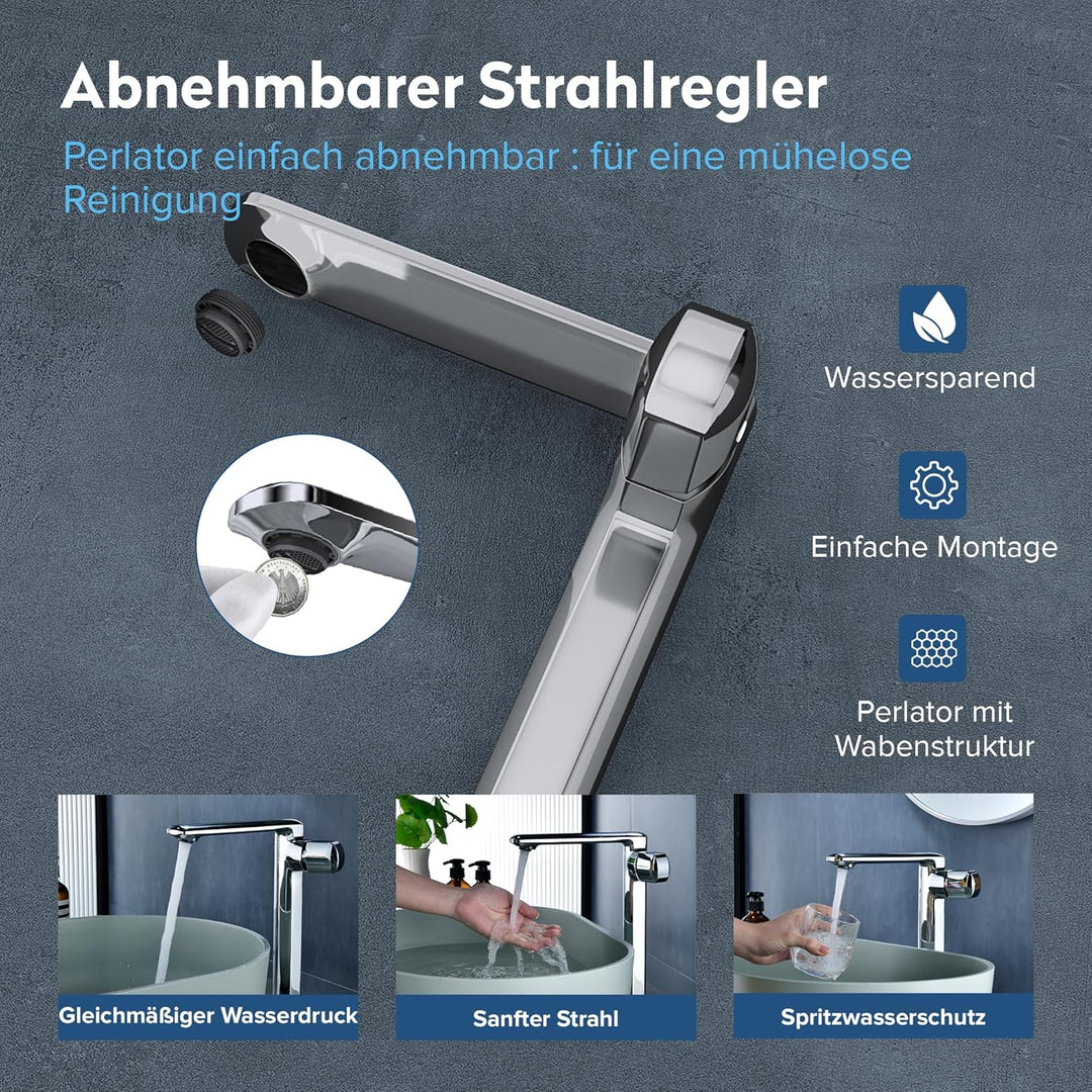 doporro Wasserhahn Bad Silber, Waschtischarmatur Hoch 259 mm Auslaufhöhe | Waschbecken Armaturen mit