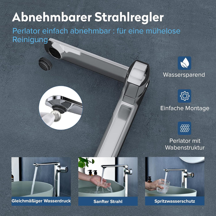 doporro Wasserhahn Bad Silber, Waschtischarmatur Hoch 259 mm Auslaufhöhe | Waschbecken Armaturen mit