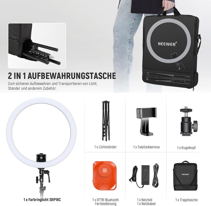 NEEWER SRP18C RGB LED Ringlicht Set ultraschlank App Steuerung mit umkehrbarem Licht Ständer, Telefo