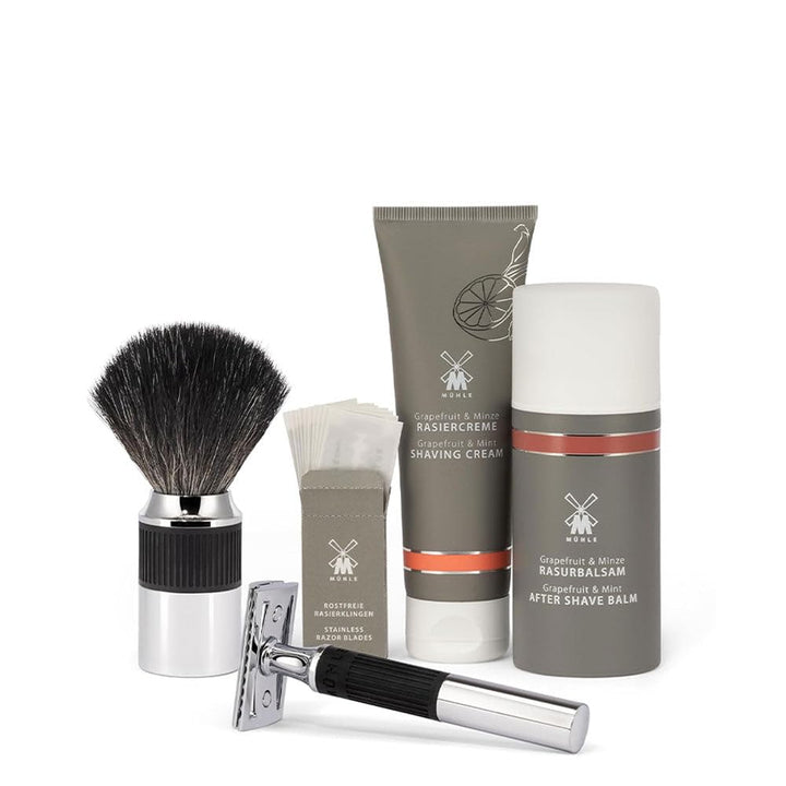 MÜHLE NEO Bundle - 4 tlg. Set – Rasierhobel verchromt, Klingen, Creme, After Shave - geschlossener K
