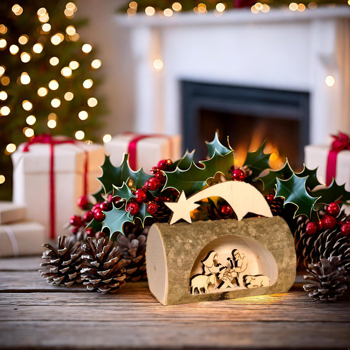 Kaltner Präsente Geschenkidee - Weihnachten Krippe aus Holz mit Jesus, Maria und Kind in einem Baums