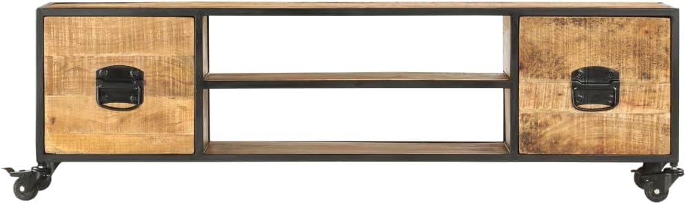 vidaXL Mangoholz Massiv TV Schrank mit 4 Rädern 2 Regalen 2 Schubladen Lowboard Fernsehschrank Ferns