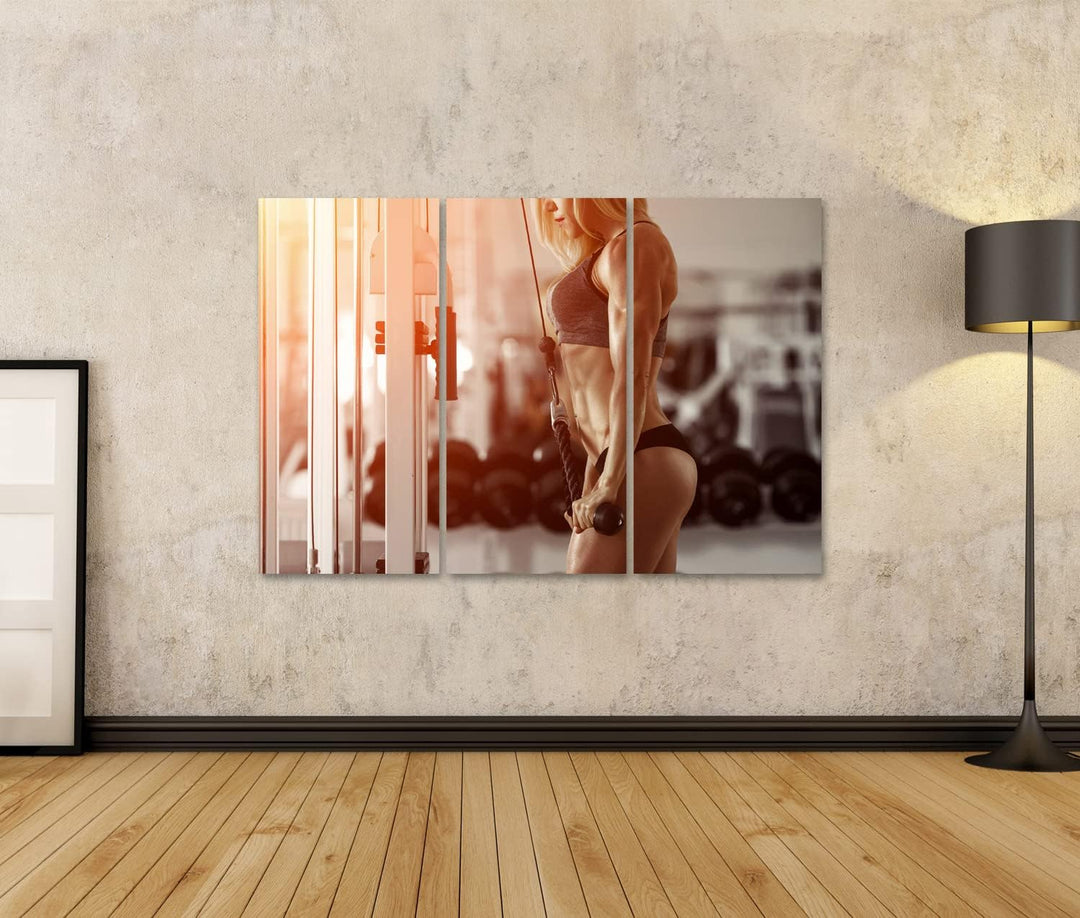 islandburner Bild auf Leinwand Klassisches Bodybuilding Muskulös Blonde Frau Macht Übungen In Der Tu