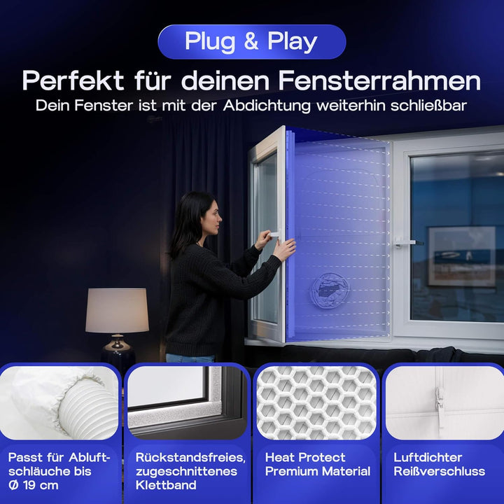 Fensterabdichtung mobile Klimaanlage - Abluftschlauch Fenster (S3) | HeatProtect Material, Insekteng