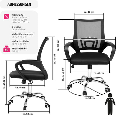 tectake® Bürostuhl, Drehstuhl mit Rollen, Schreibtischstuhl mit Lordosenstütze & Armlehnen, Bürostuh