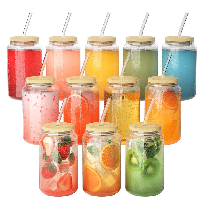 FINEW 12 Stück Gläser mit Deckel und Strohhalm, 16oz/450ml Eiskaffee Gläser, Cocktailgläser, Iced Co