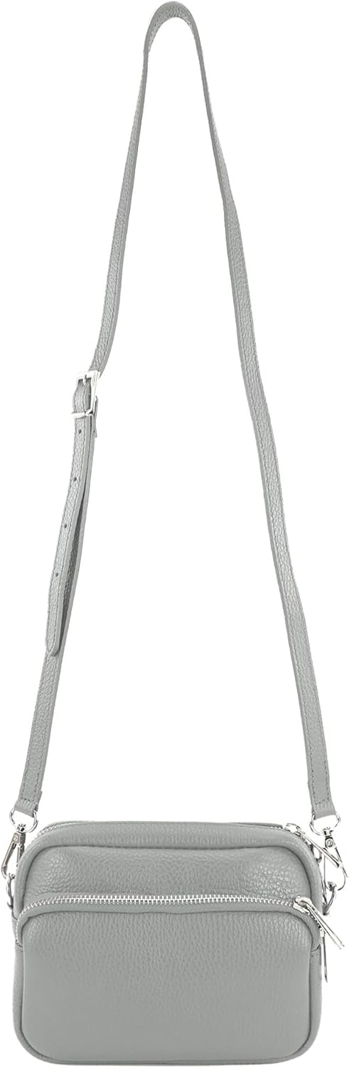 modamoda de - T231 - ital. Umhängetasche Klein Small aus Leder Telegrau, Telegrau