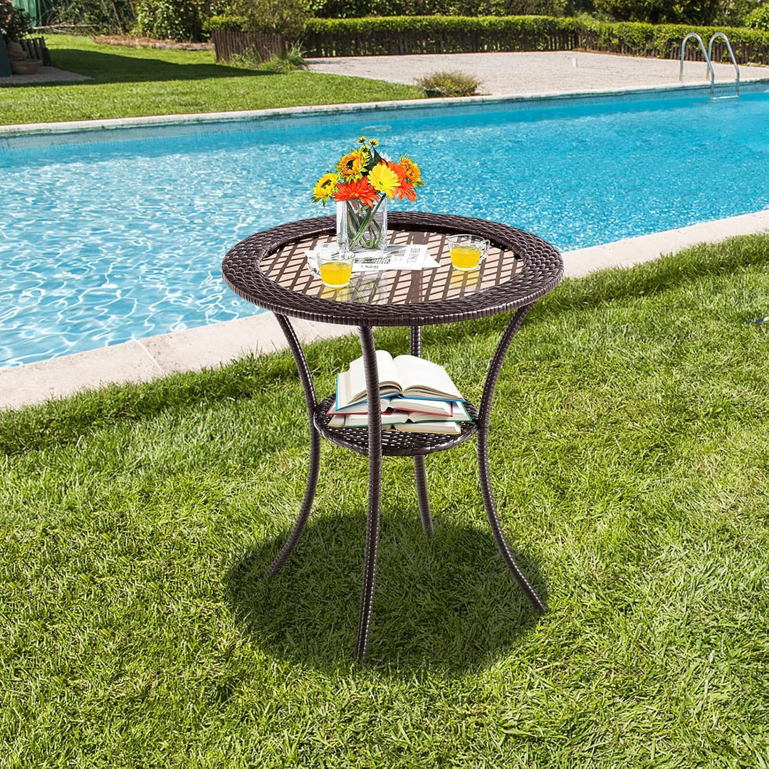 GIANTEX Rattan Bistrotisch Gartentisch, Balkontisch rund Couchtisch 2 Ebenen, Glastisch Terrassentis