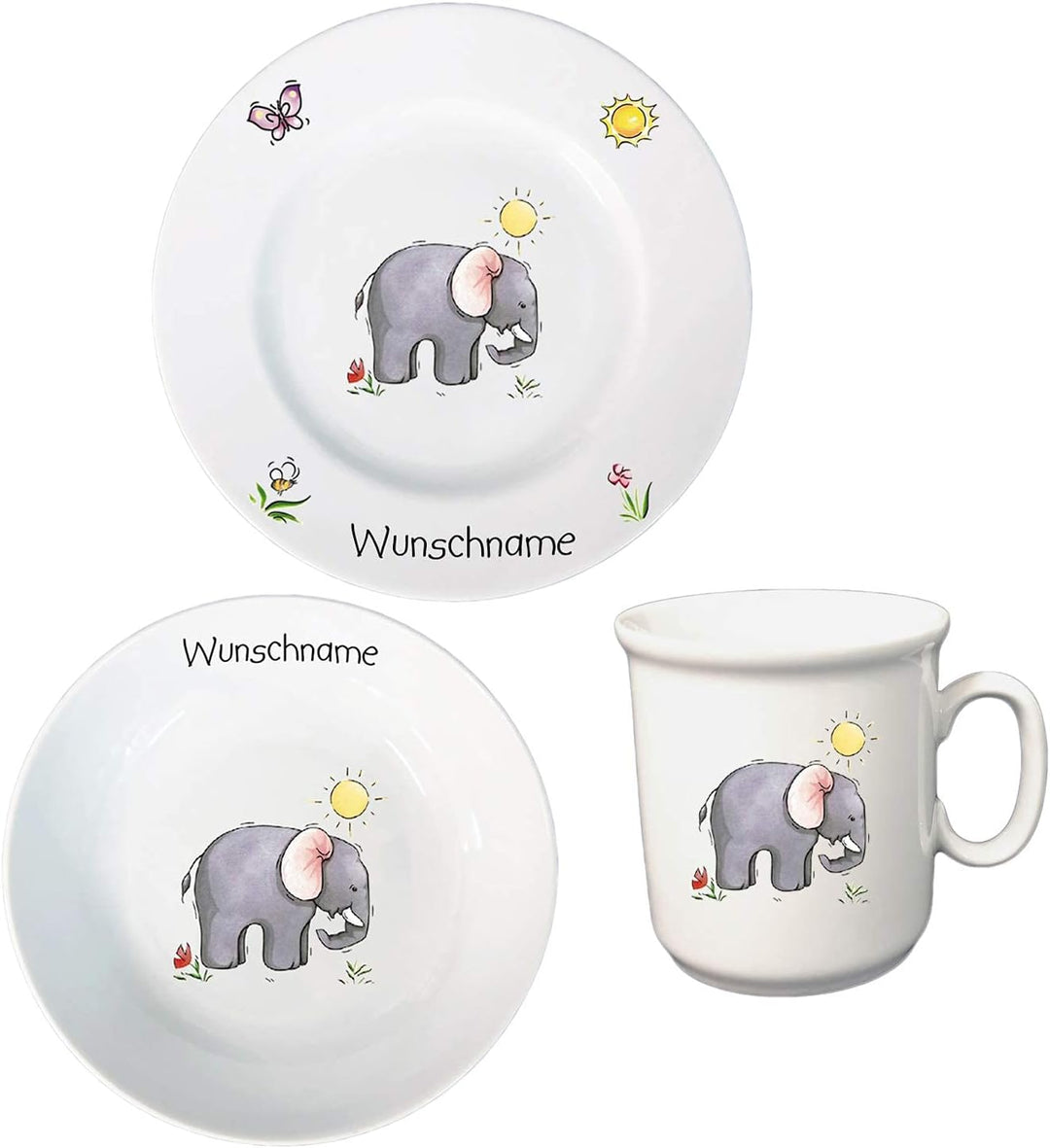 Kindergeschirr personalisiert - Frühstücksservice 3-tlg. Porzellan Tiermotive Teller Becher Schale p