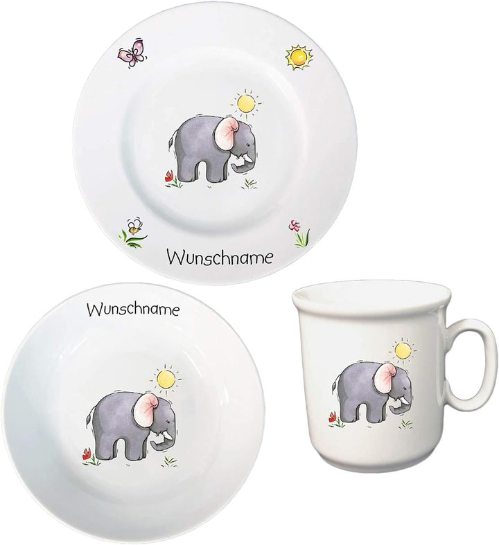 Kindergeschirr personalisiert - Frühstücksservice 3-tlg. Porzellan Tiermotive Teller Becher Schale p