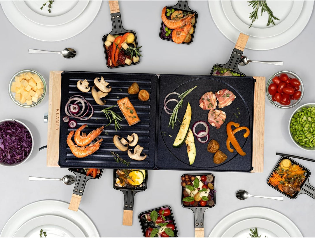 KLAMER Raclette 8 Personen, 1500W Raclette Grill mit Holzgestell, Raclette mit antihaftbeschichteter