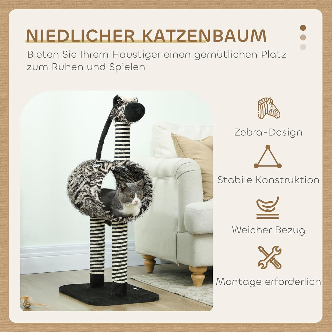 PawHut Kratzbaum 93 cm Katzenturm im Zebra-Design mit Katzentunnel, Plüschball, Jutepfosten, mehrstö
