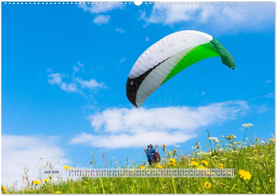 Paragliding - lautloses Schweben (hochwertiger Premium Wandkalender 2026 DIN A2 quer), Kunstdruck in