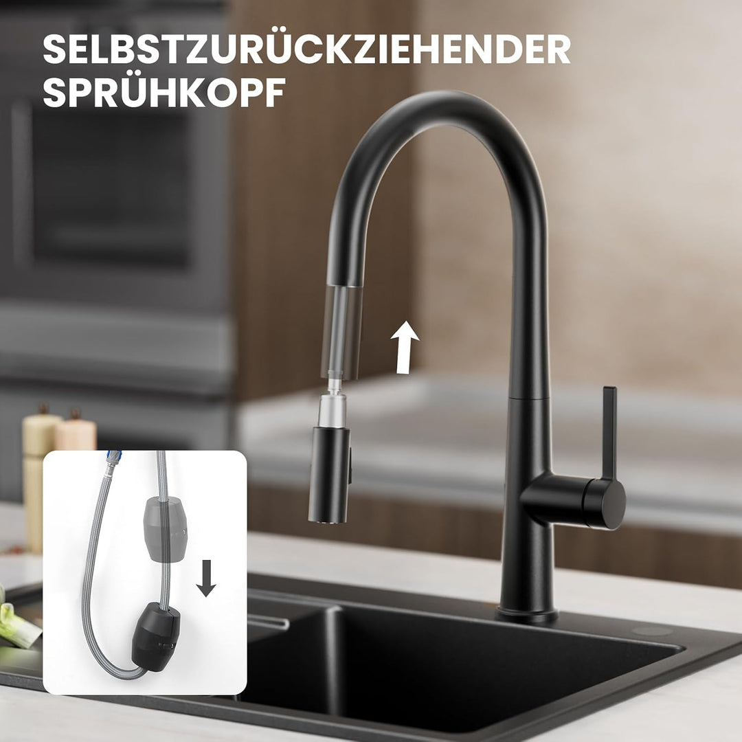 CECIPA Wasserhahn Küche Schwarz, Hoher Bogen Hochdruck Küchenarmatur mit Brause Ausziehbar Armatur,