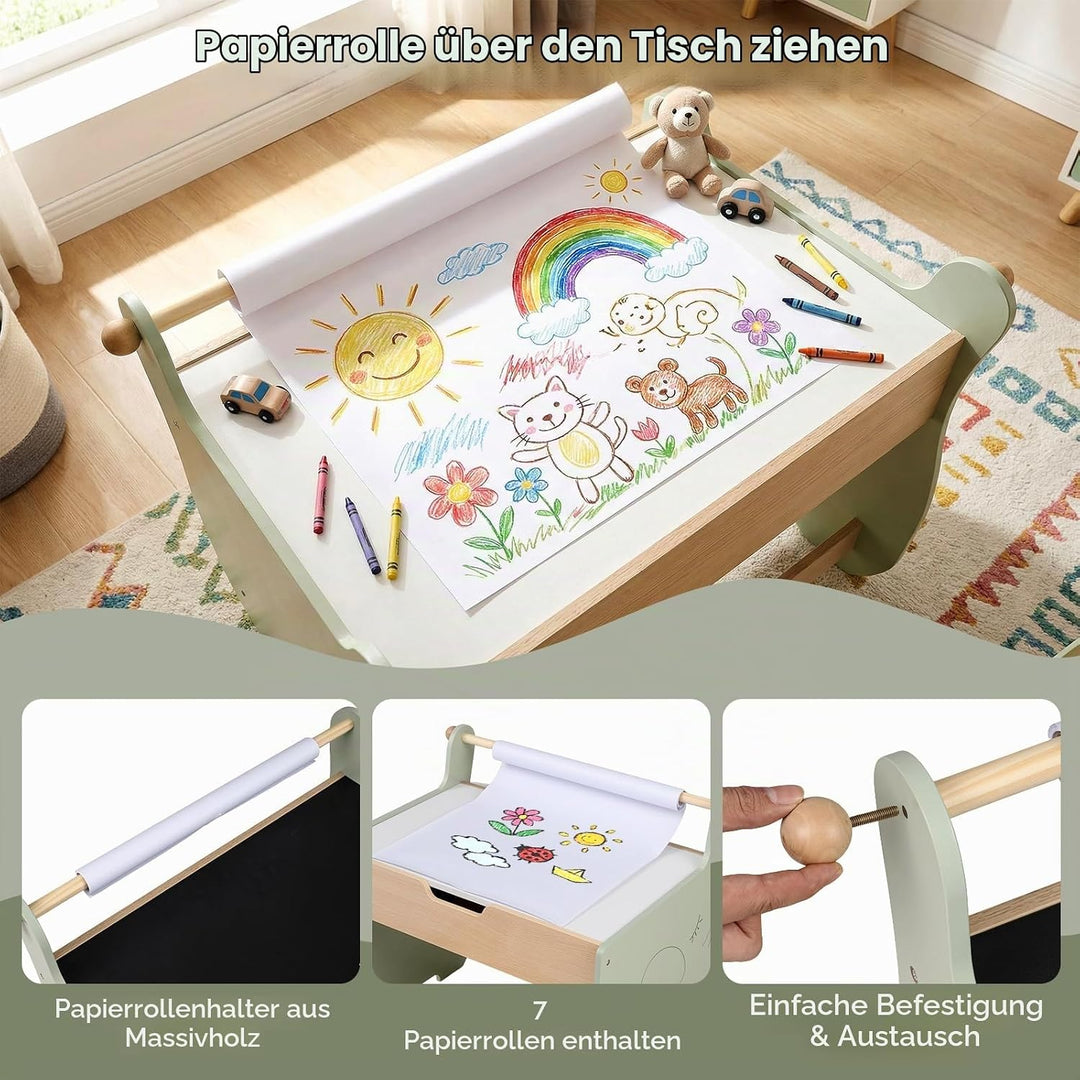 FANTASK 4 in 1 Holz Kindertisch mit Stuhl, wendbare &amp; abnehmbare Tischplatte, Maltisch mit Stauraum