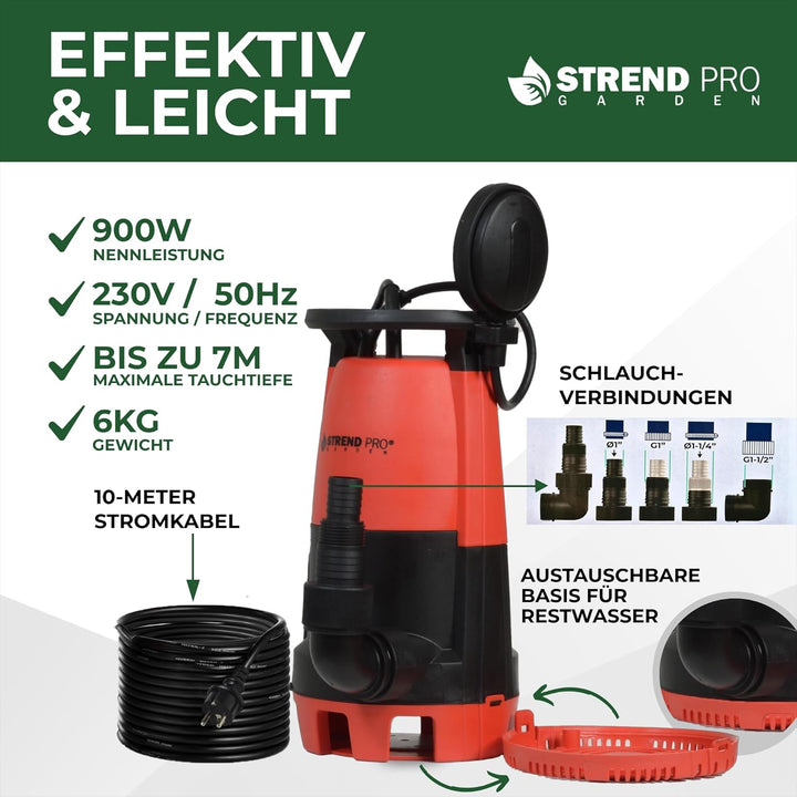 STREND PRO Tauchpumpe MC900E | FLACHSAUGEND ab 1mm | mit SCHWIMMERM | 900W, 18000 l/h | Wasserpumpe
