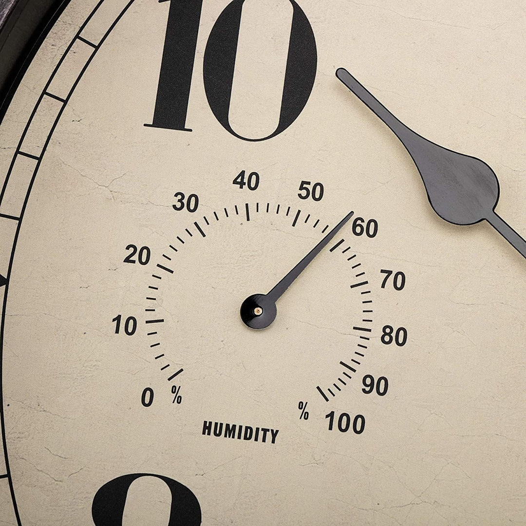 Foxtop Innen Draussen Wetterfeste Wanduhr mit Temperaturanzeige und Hygrometer, Ohne Tickgeräusche L