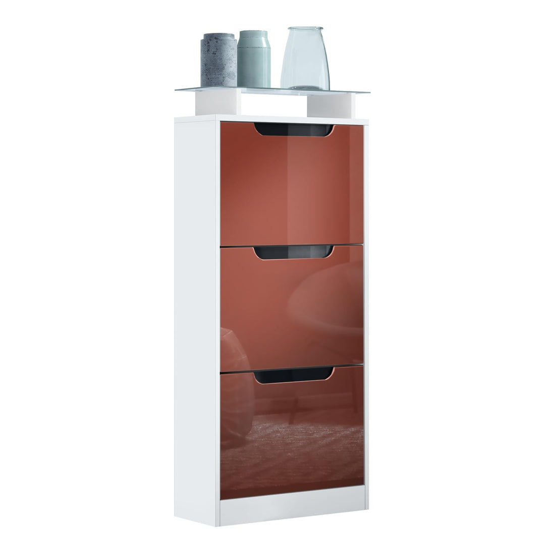 Vladon Schuhschrank Space V2, Schuhkipper für 12 Paar Schuhe mit 3 Klappen und Glasablage, Weiss mat