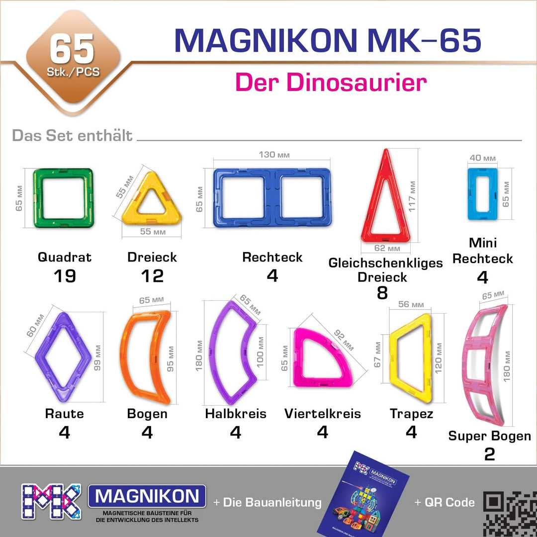 MAGNIKON Magnetische Bausteine Der Dinosaurier - Magnetbau-Set 65-teilig, Montessori Spielzeug ab 3