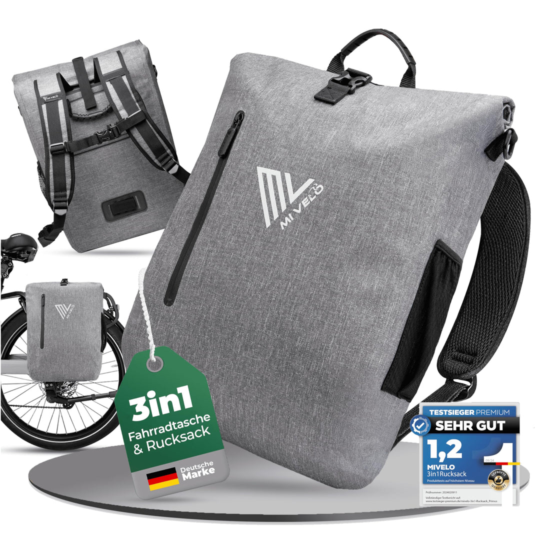MIVELO - 3 in 1 Fahrradtasche - Rucksack - Schultertasche wasserdicht 100% PVC frei, mit Laptopfach