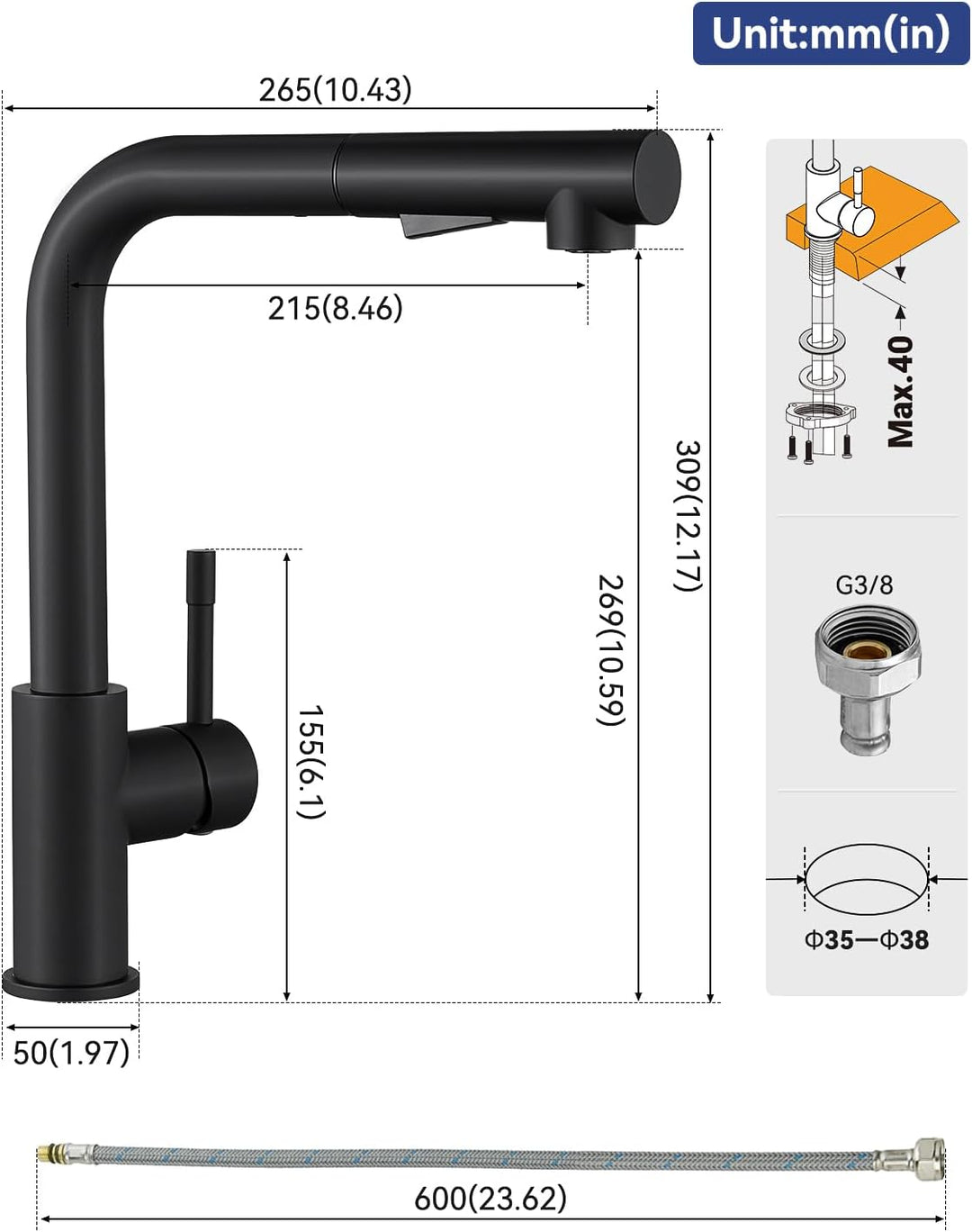 Wasserhahn Küche Schwarz, Hochdruck Küchenarmatur Ausziehbar | Mit Brause Zwei Wasserstrahlarten, 36